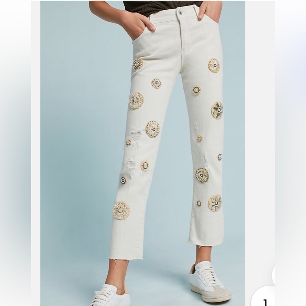 Anthropology Pilcro White Slim straight jeans beaded appliqués cropped fit Sz 27